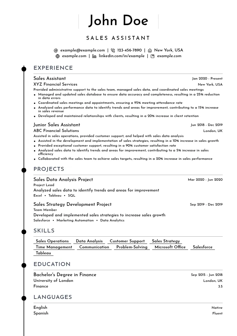 Sales Assistant Finance resume example