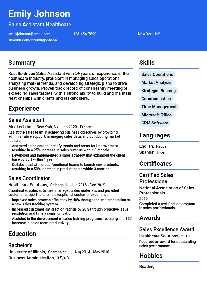 Sales Assistant Healthcare resume example