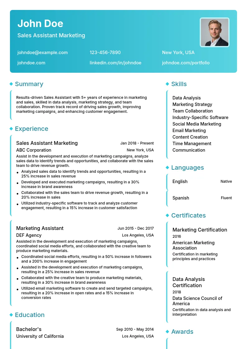 Sales Assistant Marketing resume example