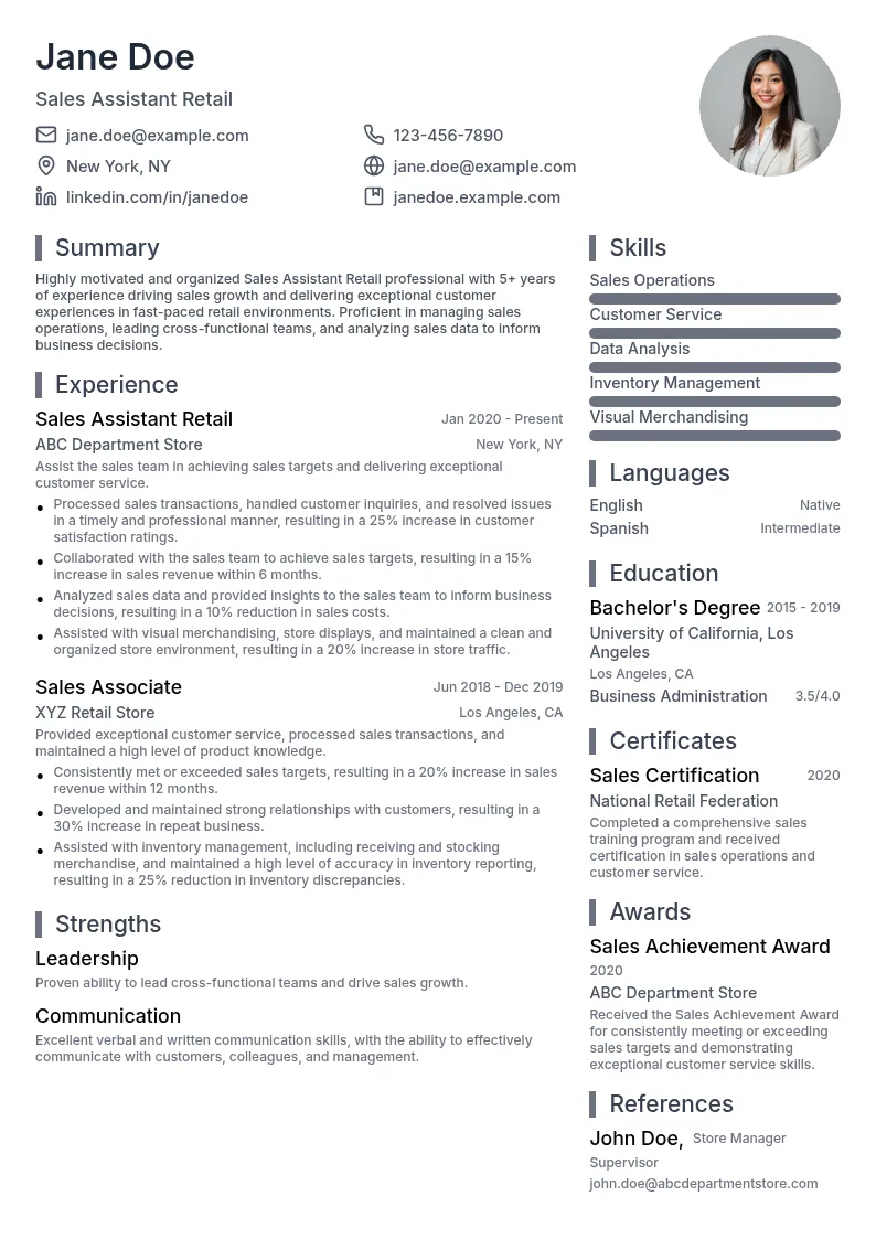 Sales Assistant Retail resume example