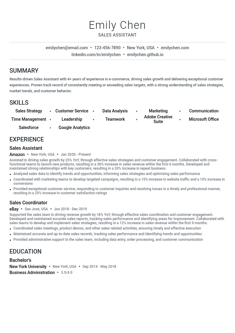 Sales Assistant E-commerce resume example