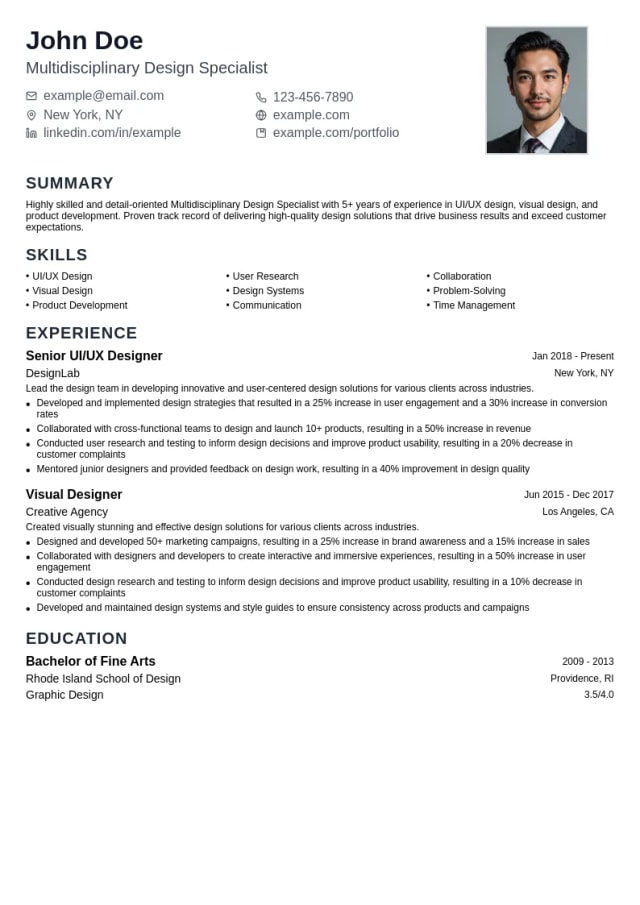 Multidisciplinary Design Specialist resume example