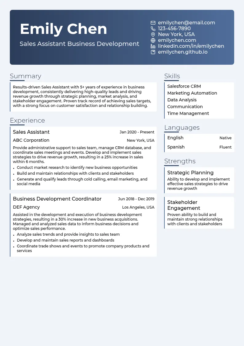 Sales Assistant Business Development resume example