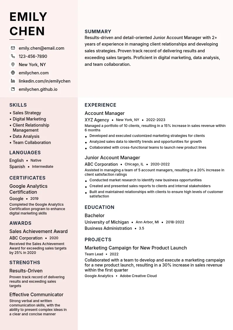 Junior Account Manager resume example