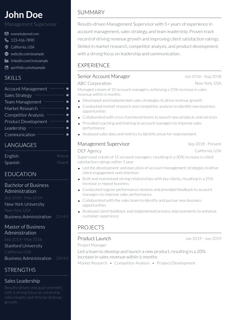 Management Supervisor resume example