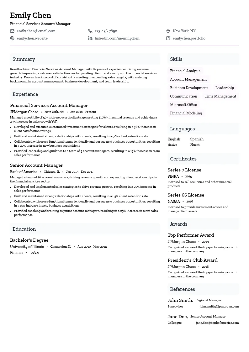 Financial Services Account Manager resume example