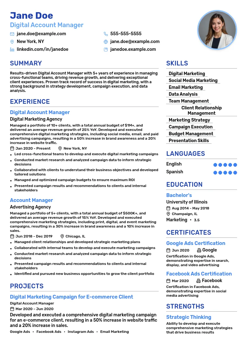 Digital Account Manager resume example