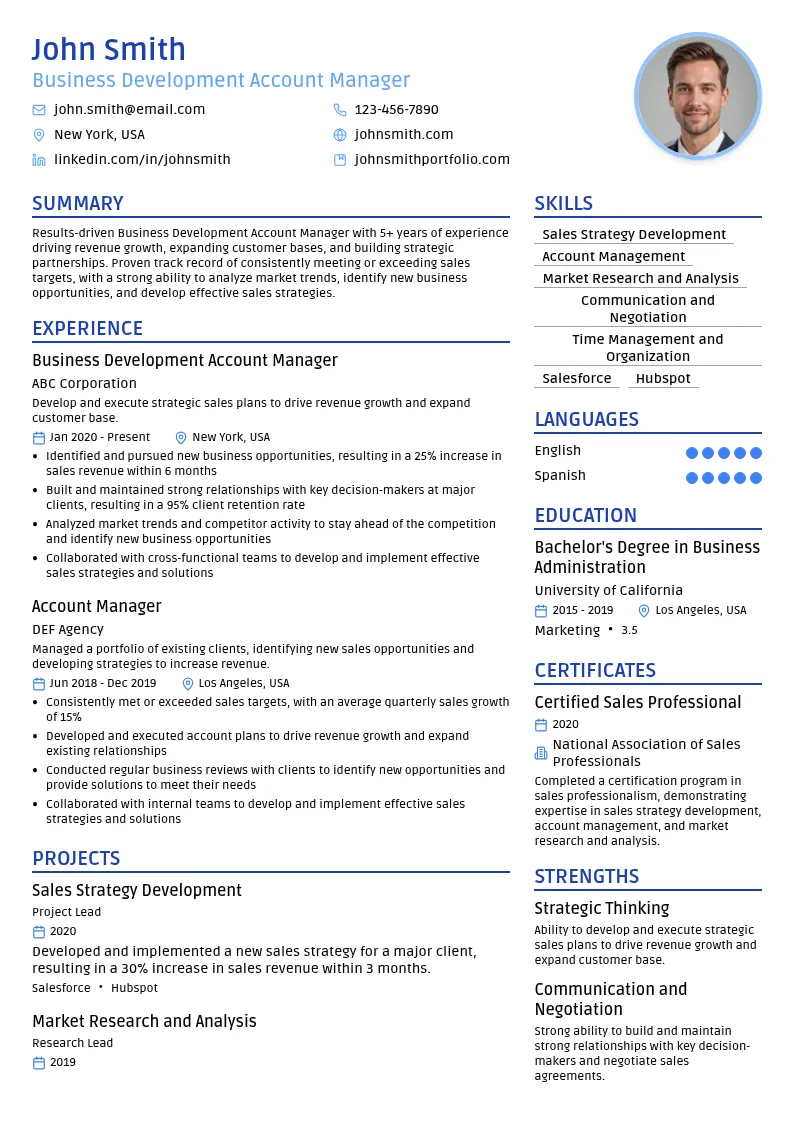 Business Development Account Manager resume example