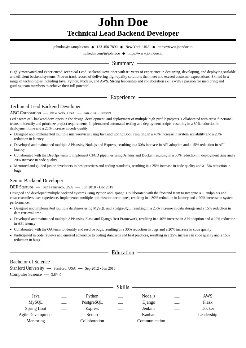 Technical Lead Backend Developer resume example