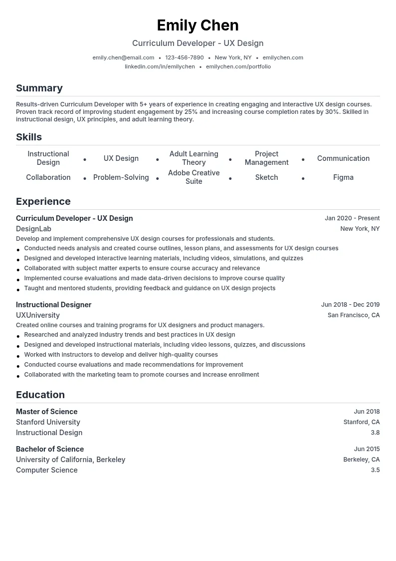 Curriculum Developer - UX Design resume example