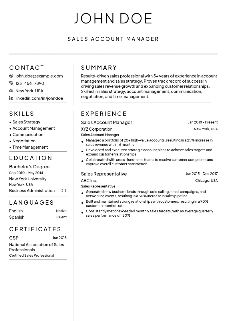 Sales Account Manager resume example