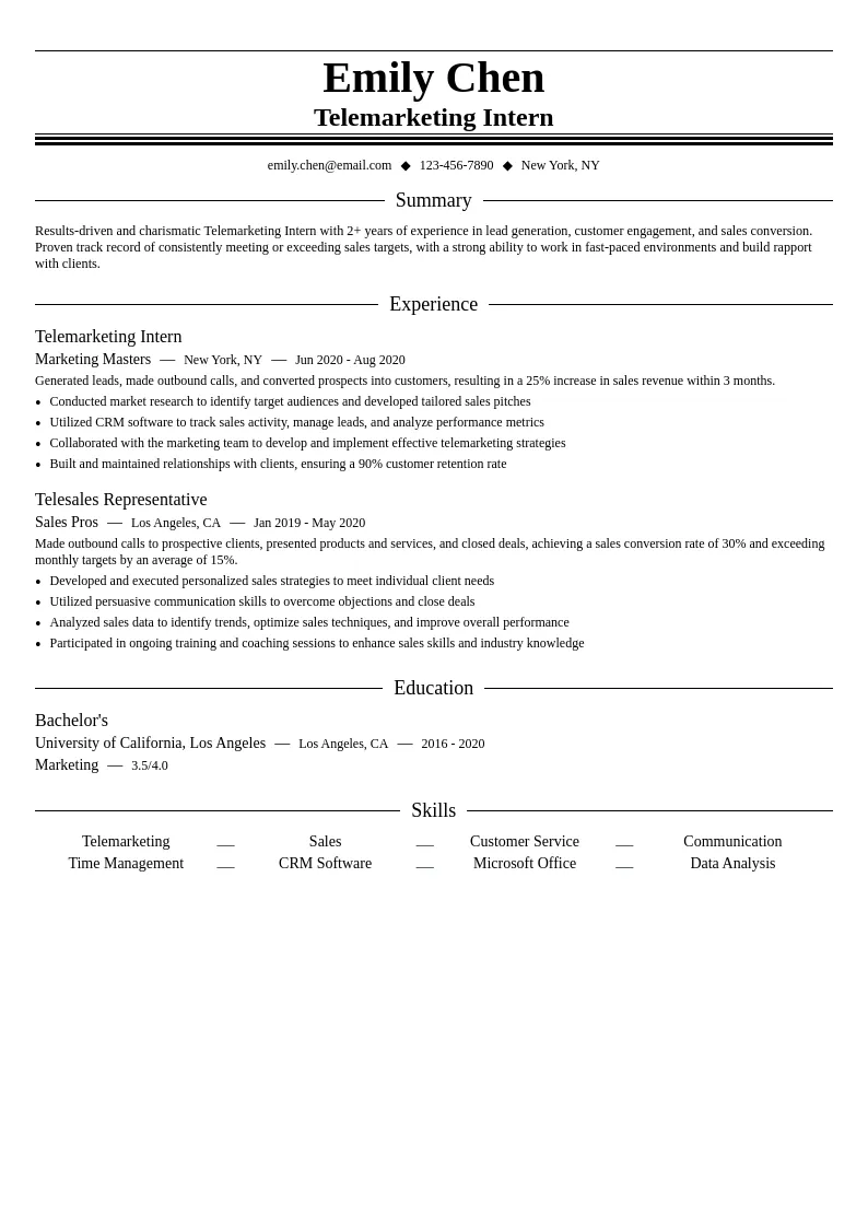 Telemarketing Intern resume example