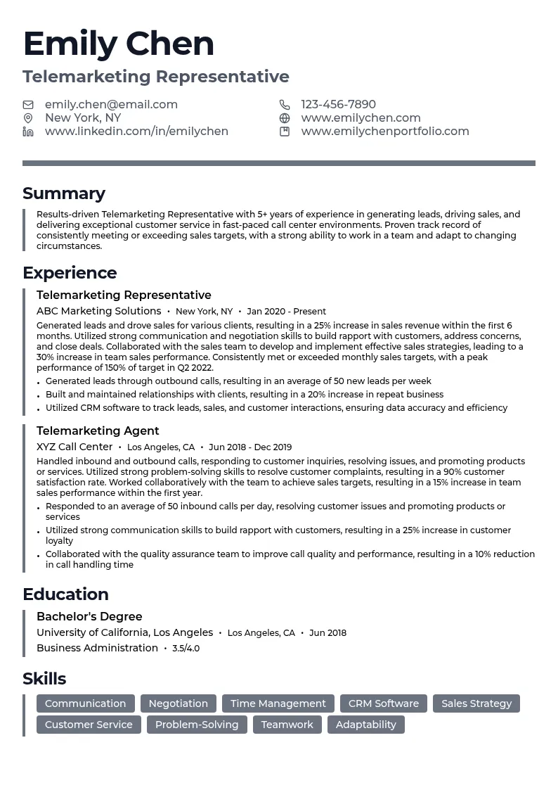 Telemarketing Representative resume example