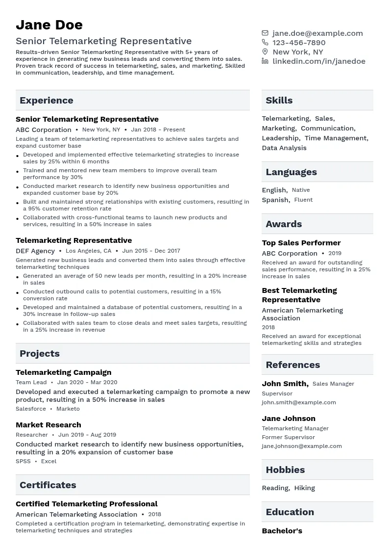 Senior Telemarketing Representative resume example