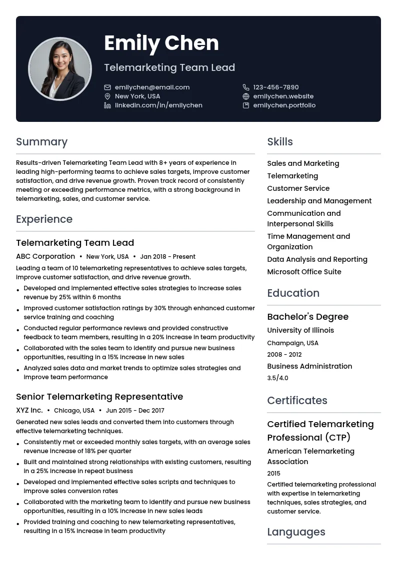 Telemarketing Team Lead resume example