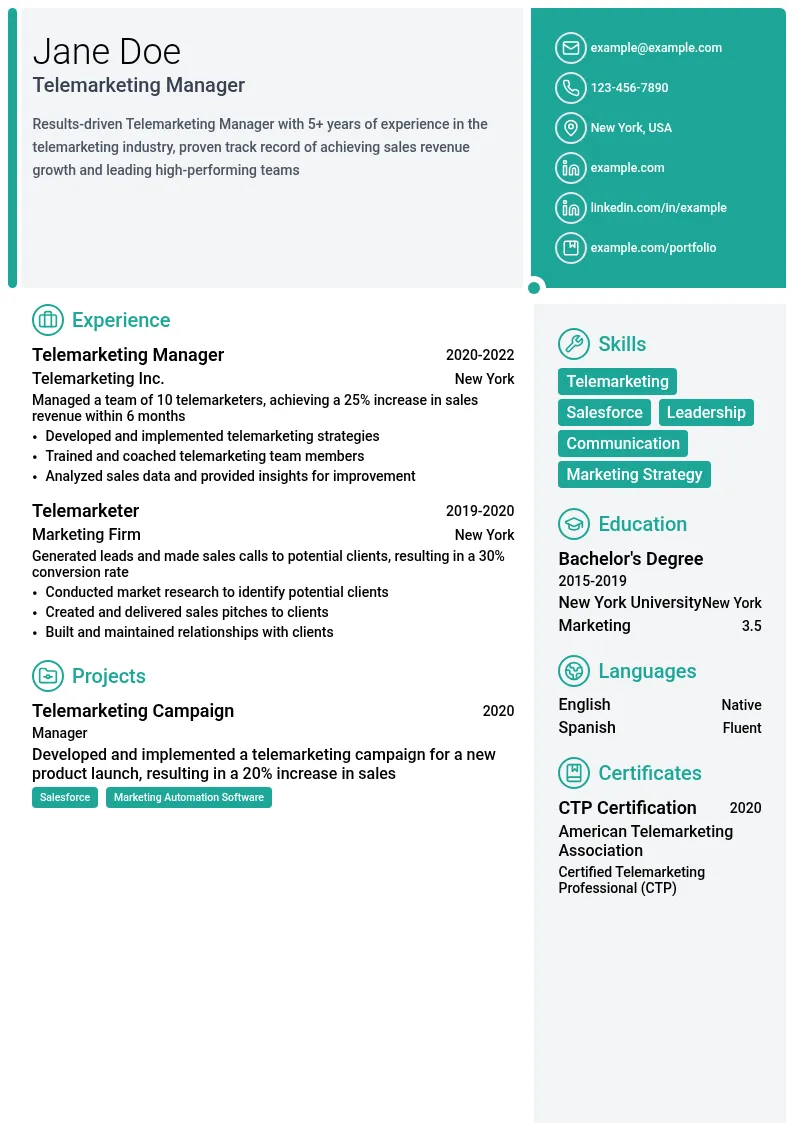 Telemarketing Manager resume example