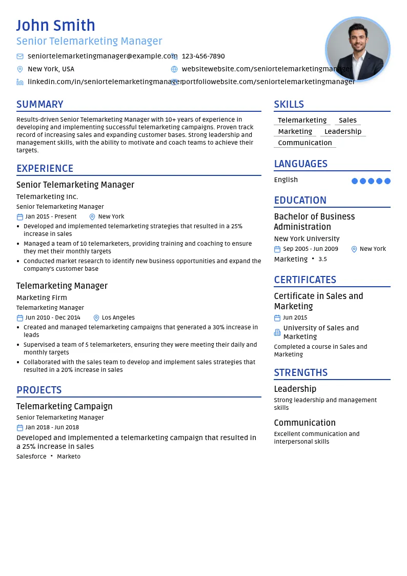 Senior Telemarketing Manager resume example