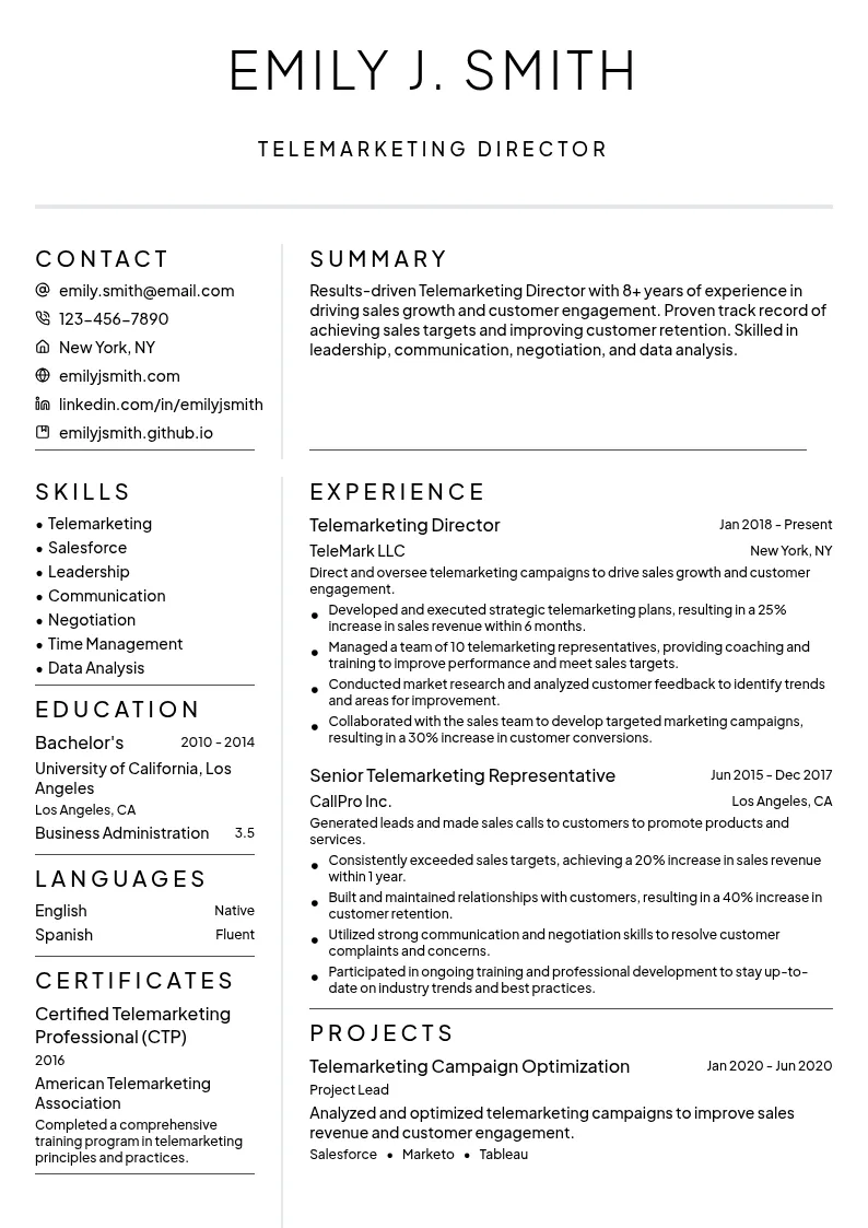Telemarketing Director resume example