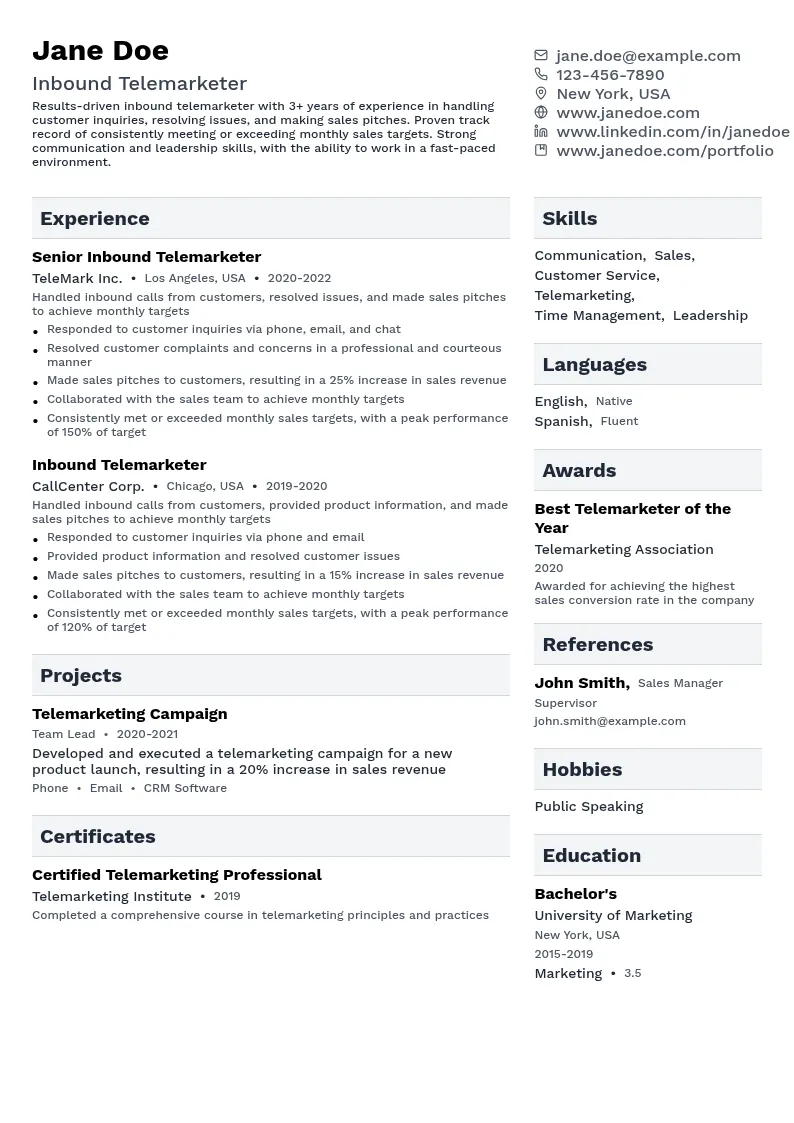 Inbound Telemarketing resume example