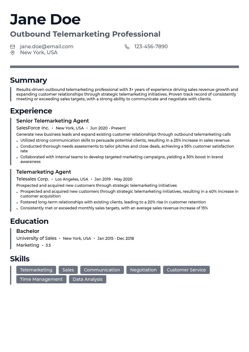 Outbound Telemarketing resume example