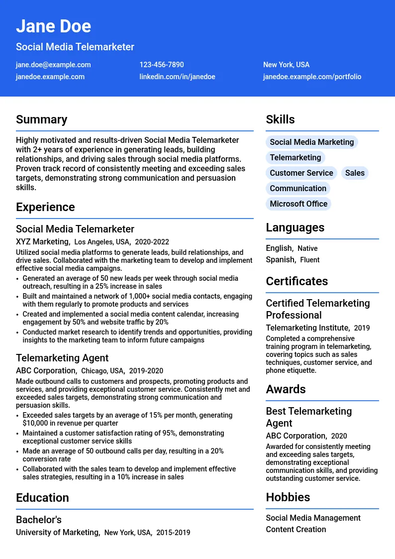 Social Media Telemarketing resume example