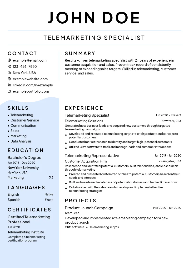 Telemarketing Specialist: Customer Acquisition resume example