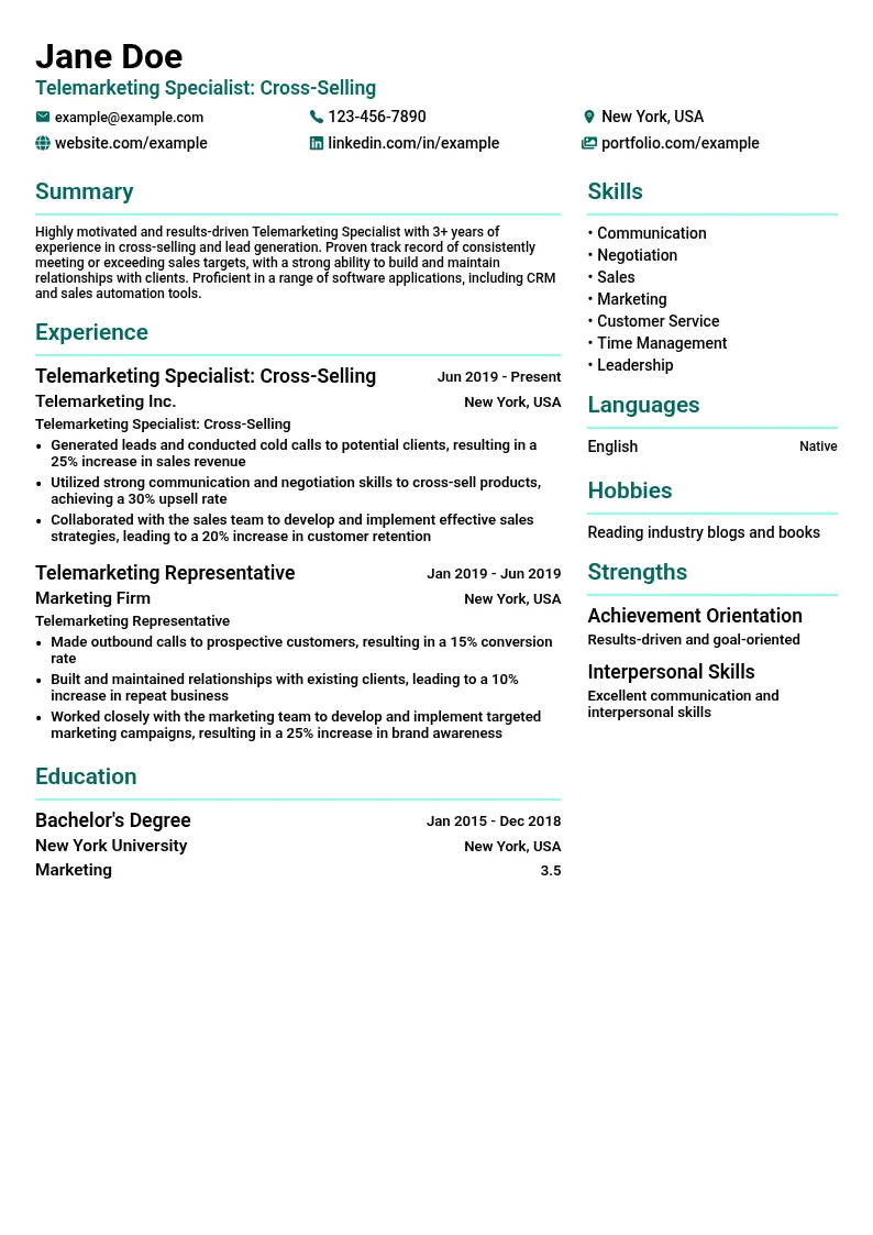Telemarketing Specialist: Cross-Selling resume example