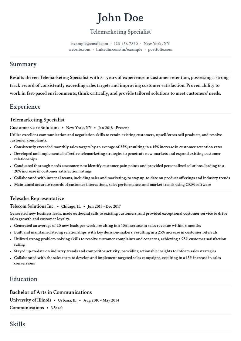 Telemarketing Specialist: Customer Retention resume example