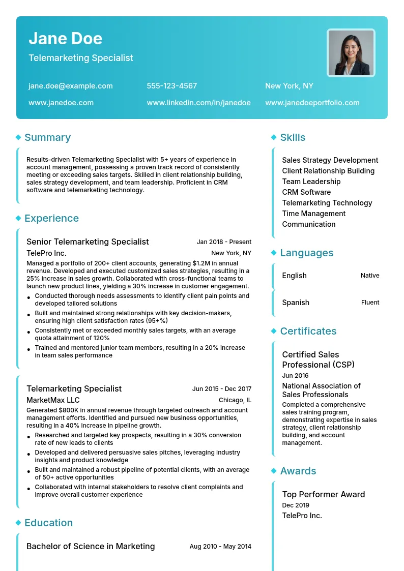 Telemarketing Specialist: Account Management resume example
