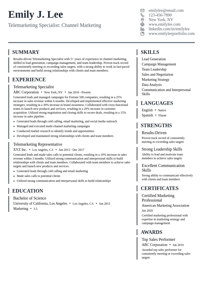 Telemarketing Specialist: Channel Marketing resume example