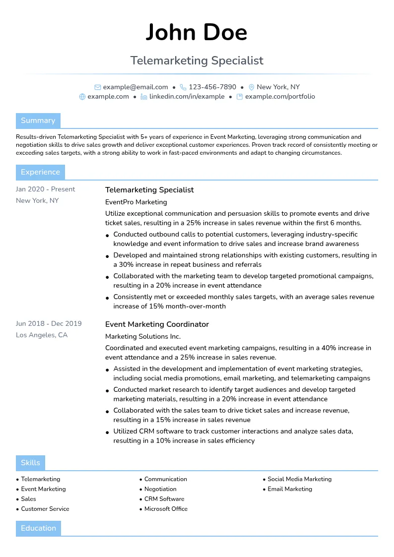 Telemarketing Specialist: Event Marketing resume example