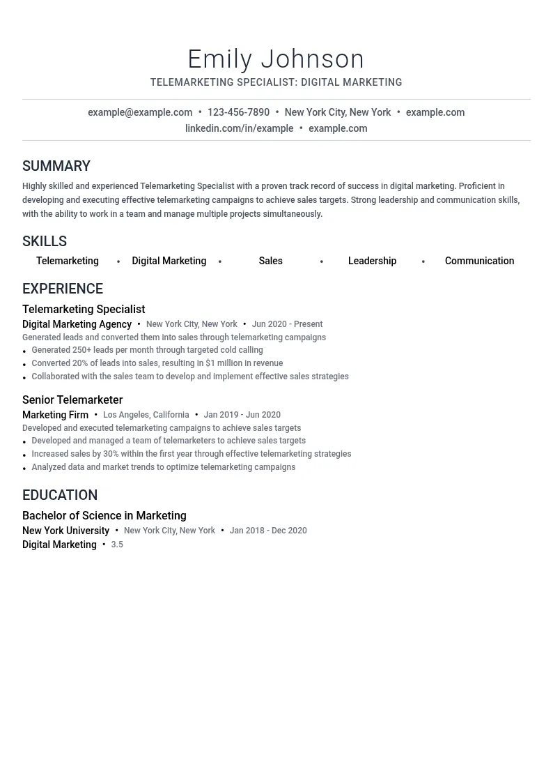 Telemarketing Specialist: Digital Marketing resume example