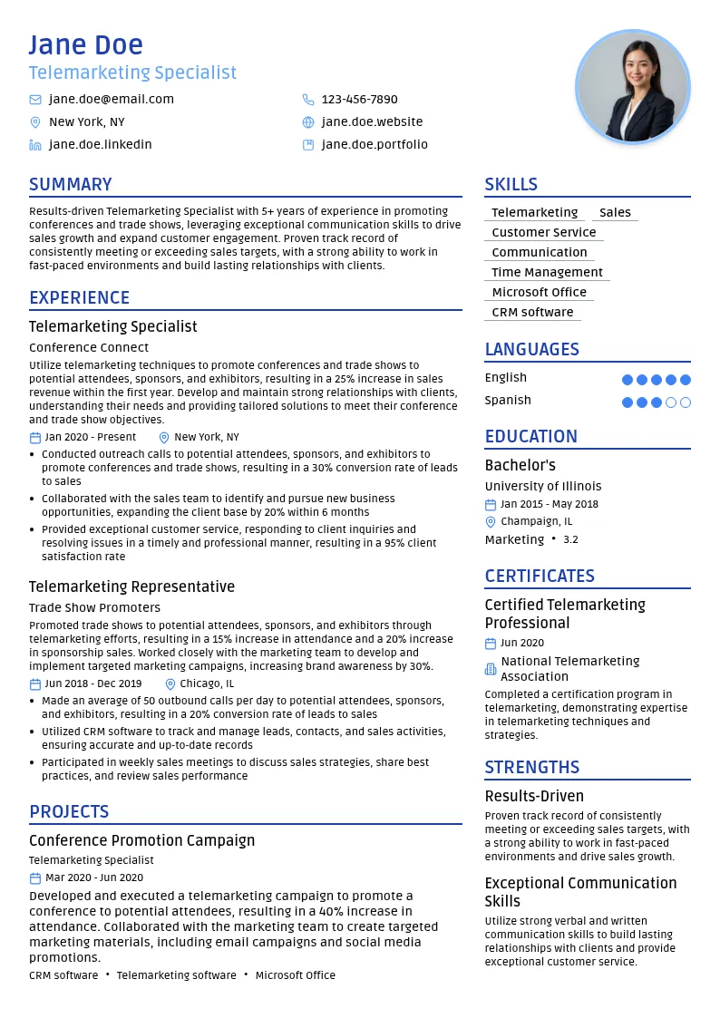 Telemarketing Specialist: Conferences & Trade Shows resume example