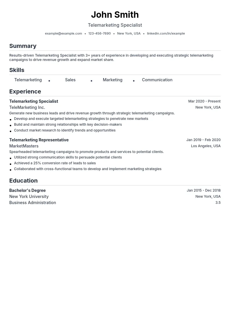 Telemarketing Specialist: Partner Development resume example