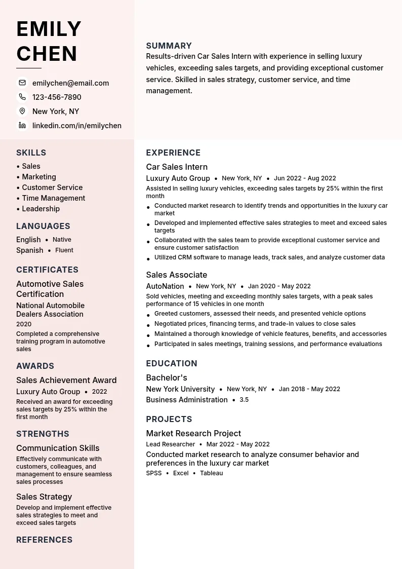 Car Sales Intern resume example