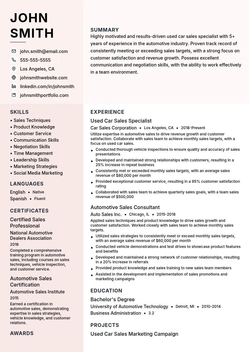 Used Car Sales Specialist resume example