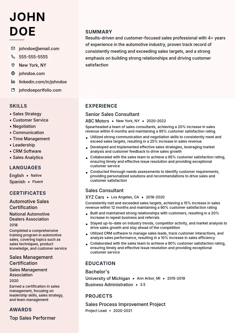 New Car Sales Consultant resume example