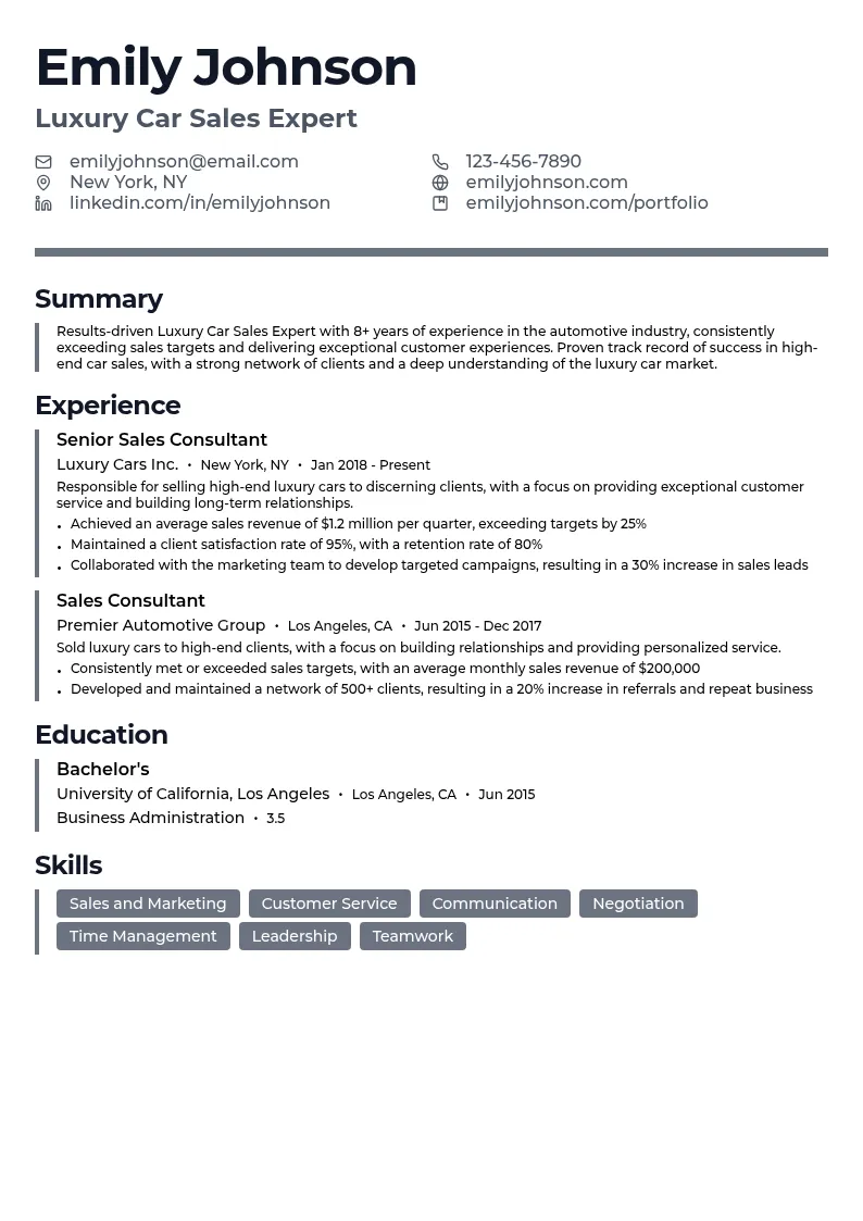 Luxury Car Sales Expert resume example