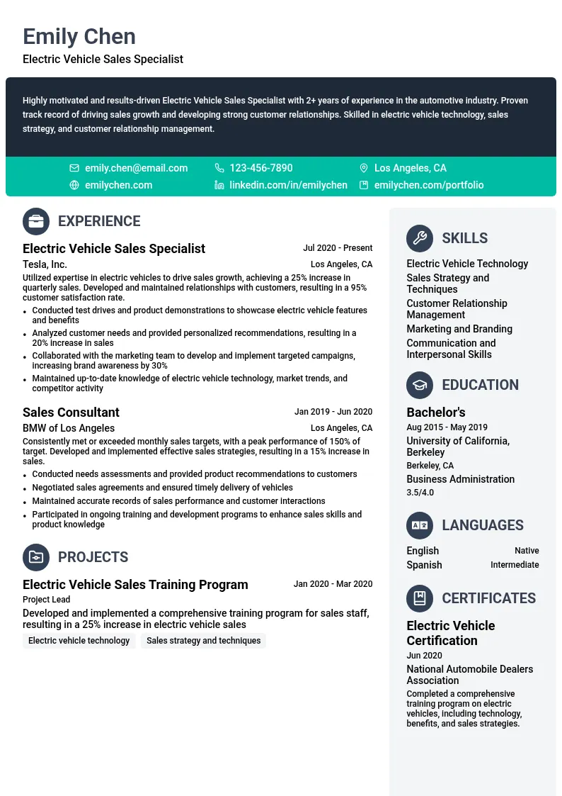 Electric Vehicle Sales Specialist resume example