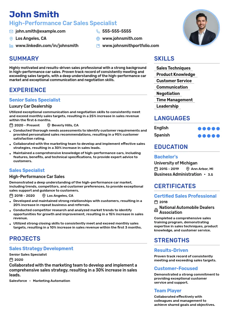 High-Performance Car Sales Specialist resume example