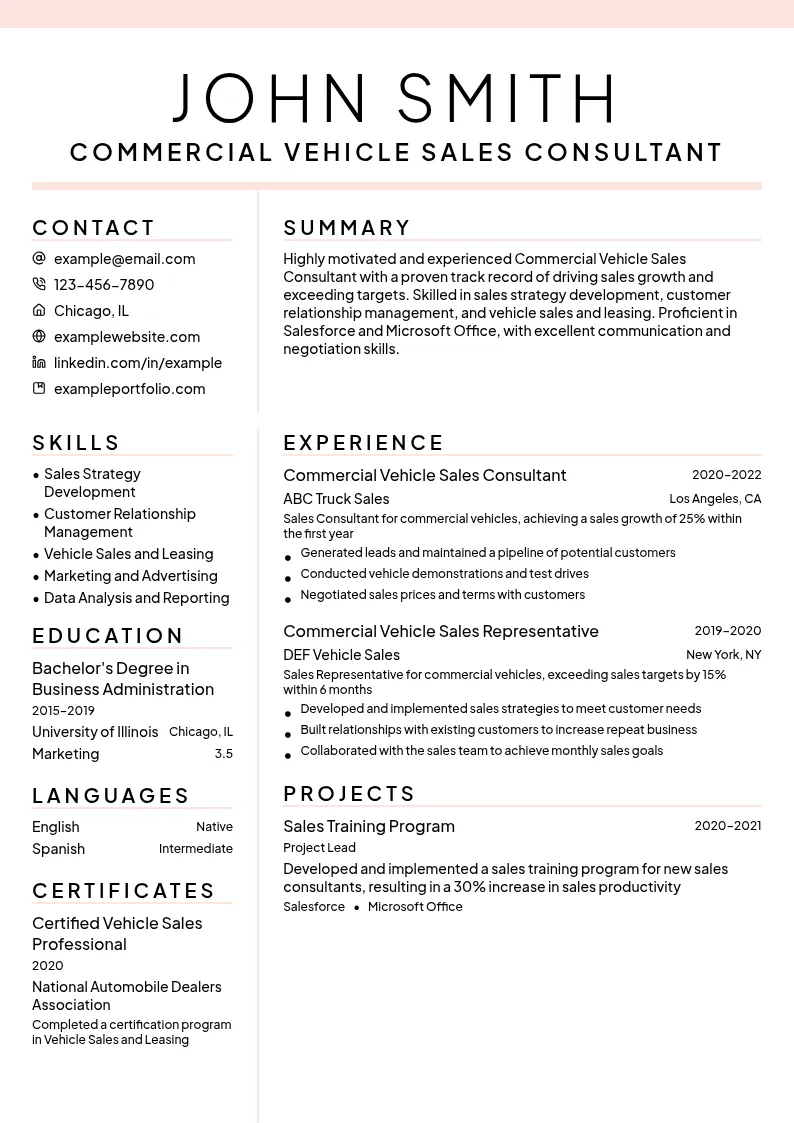 Commercial Vehicle Sales Consultant resume example