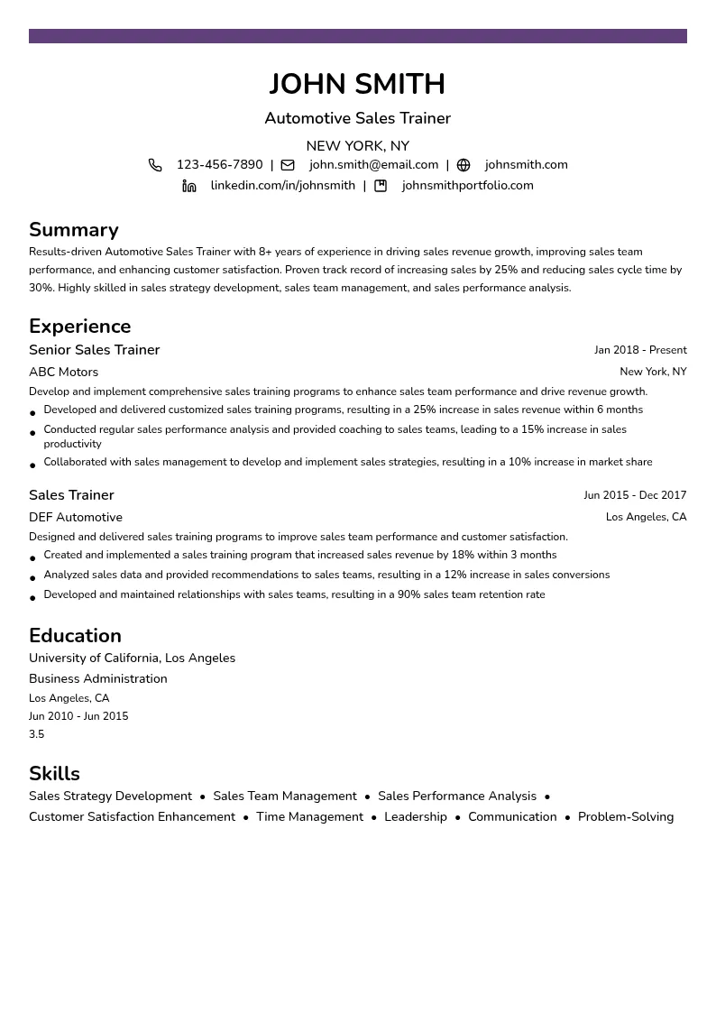 Automotive Sales Trainer resume example