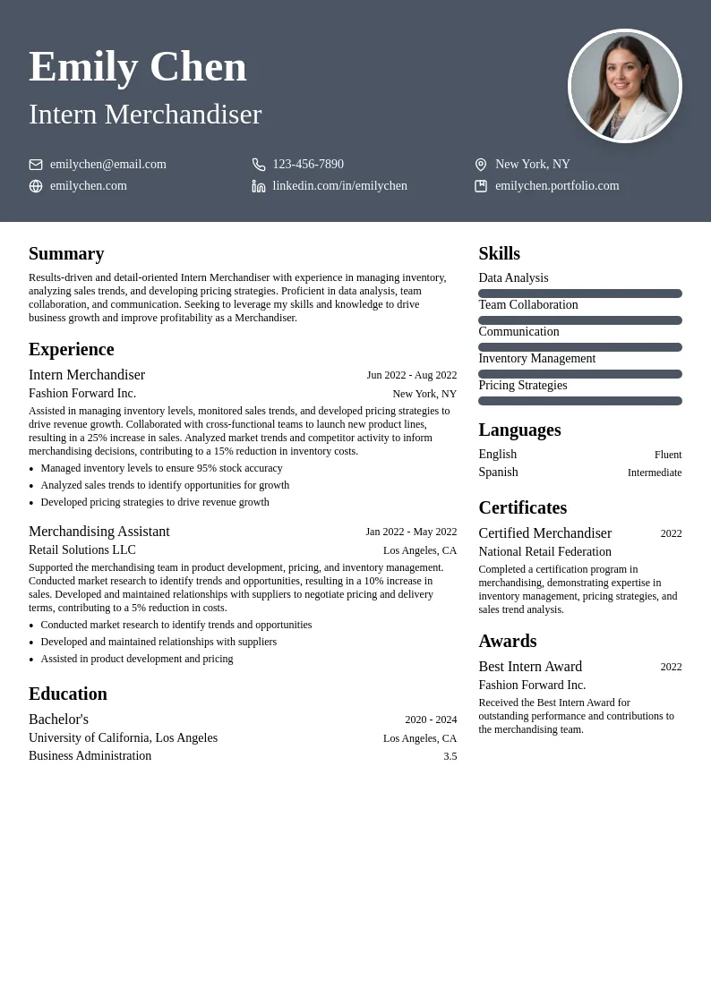 Intern Merchandiser resume example