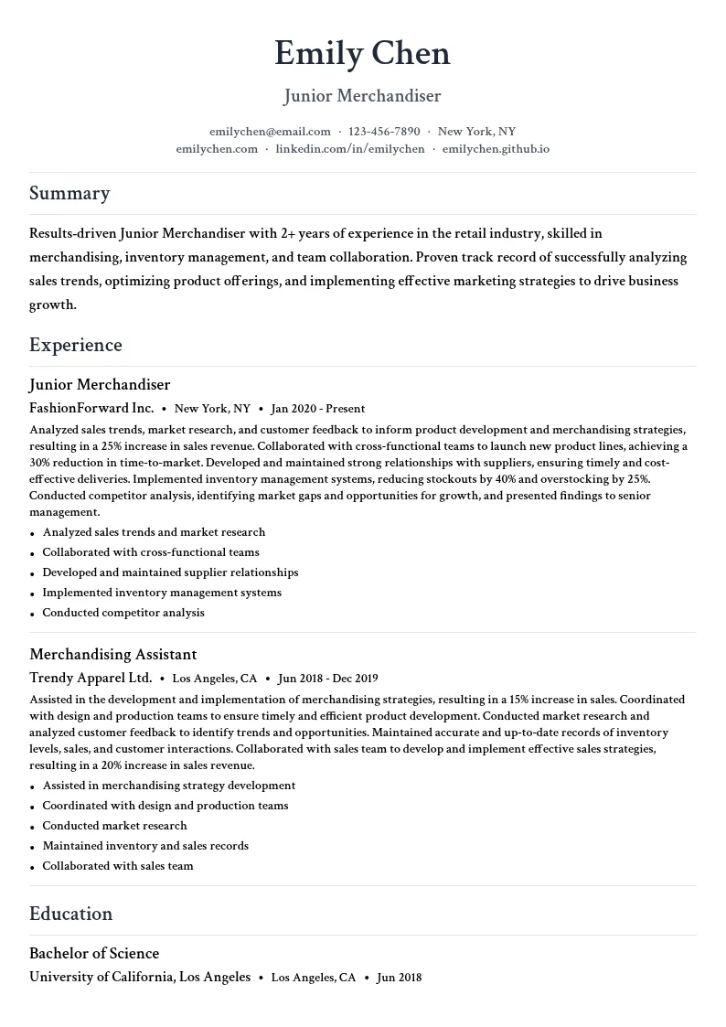 Junior Merchandiser resume example