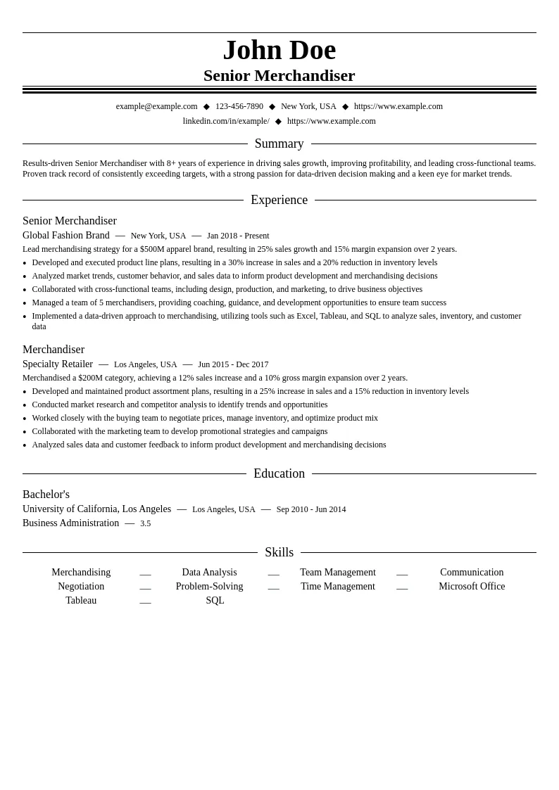Senior Merchandiser resume example