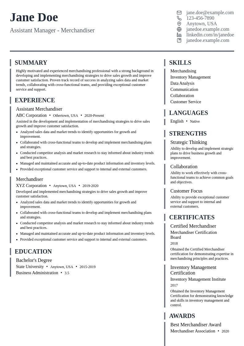 Assistant Manager - Merchandiser resume example