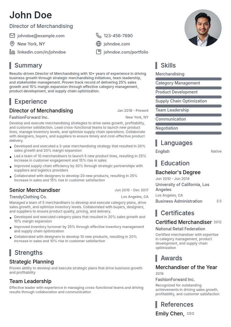 Director of Merchandising resume example