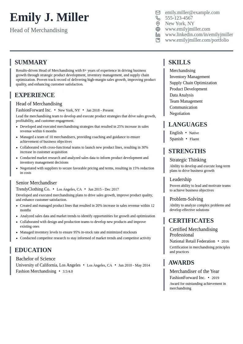 Head of Merchandising resume example