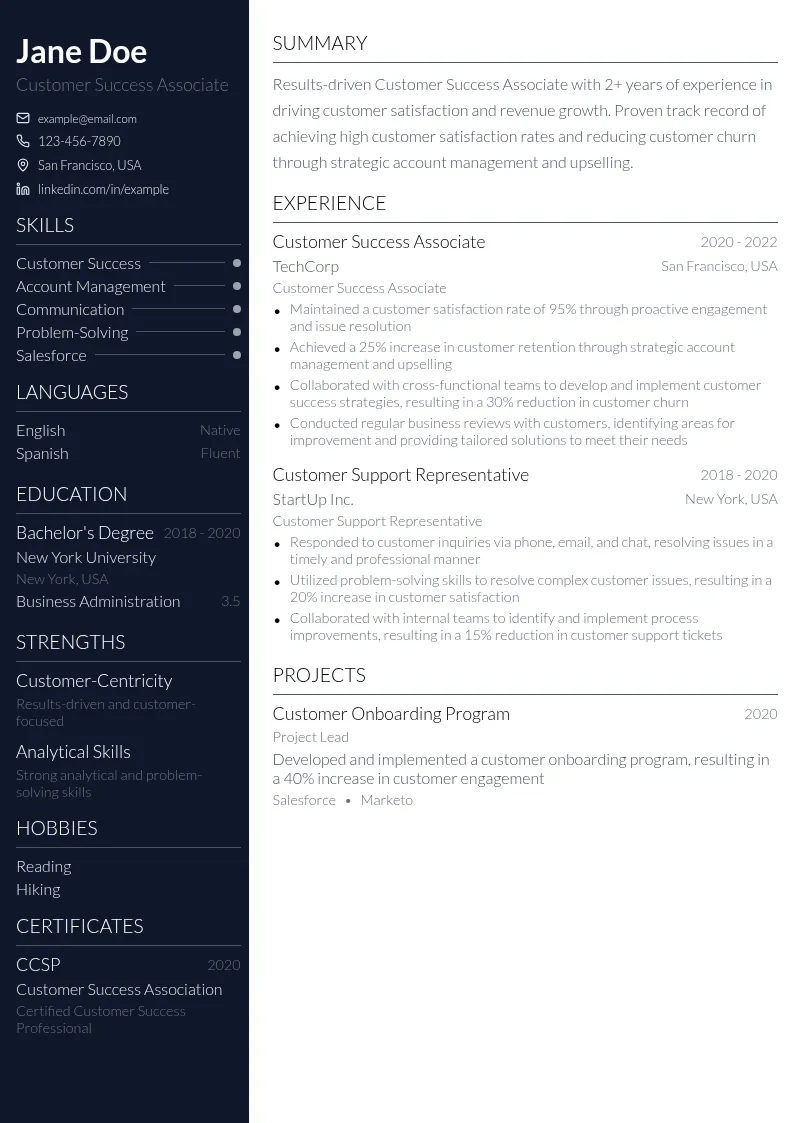 Customer Success Associate resume example
