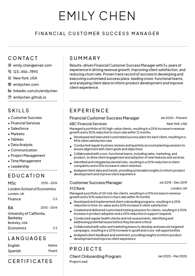 Financial Customer Success Manager resume example